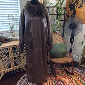 Vintage 80s Gerard Babin Paris Chocolate Brown Leather Faux Fur Lined Maxi Coat